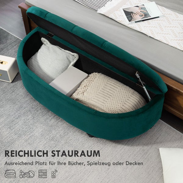 HOMCOM Sitzbank mit Stauraum Sitztruhe mit geöffnetem Deckel, Velvet-Touch, Polsterbank für Schlafzimmer, Gummiholz Dunkelgrün 120 x 46 x 42 cm