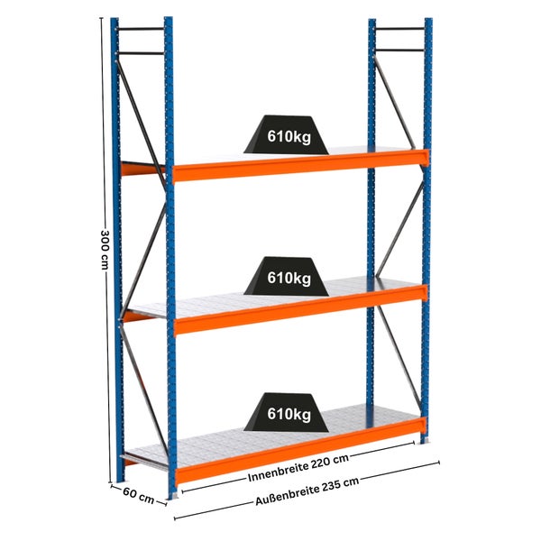 Lagerregal mit drei Ebenen und Maßangaben