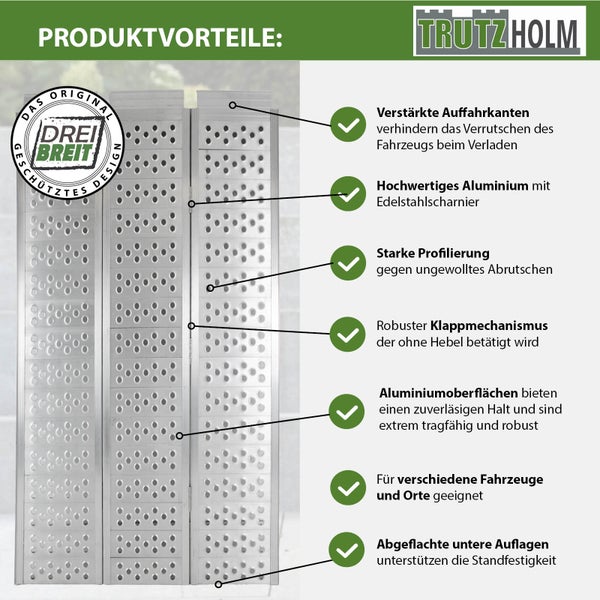 Aluminium Auffahrrampe mit verstärkten Auffahrkanten und robuster Klappmechanismus