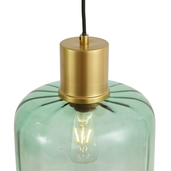 Moderne Pendelleuchte mit Glasschirm und Elementen in Messingoptik
