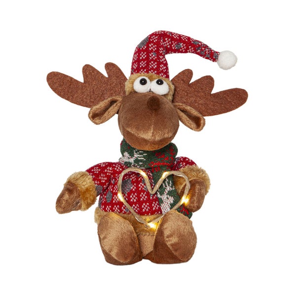 Elch Plüschtier mit Herz aus Lichtern, Mütze und Schal