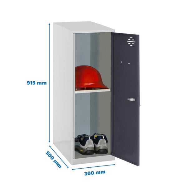 Metall Spind mit offener Tür, inklusive Helm und Schuhen, circa 915 x 500 x 300 Millimeter
