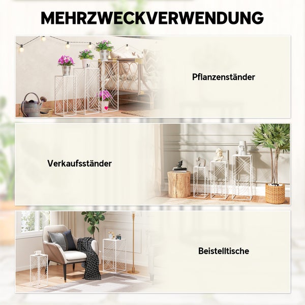 Vielseitige Metallständer: als Pflanzenständer im Freien, als Verkaufsständer für Dekoration und als Beistelltisch im Wohnzimmer.