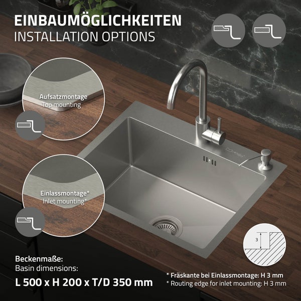 ML-Design Spülbecken Edelstahl 55x45 cm, Küchenspüle Rechteckig, 1 Becken Einbauspüle, Edelstahlspüle mit Ab- und Überlaufgarnitur, Hahnloch & Seifenspender, Einzelbecken mit Siphon, Waschbecken Küche