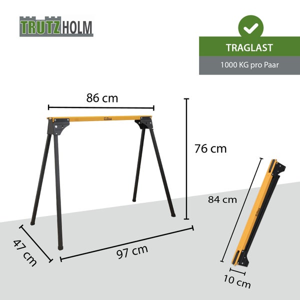 TrutzHolm Logo. Arbeitsbock Maße: 86, 97, 47, 76 Zentimeter. Geklappt 84 mal 10 Zentimeter. Traglast 1000 Kilogramm pro Paar.