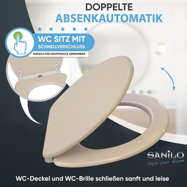 Sanilo WC-Sitz mit doppelter Absenkautomatik und Schnellverschluss, per Knopfdruck abnehmbar, Sanilo Logo.