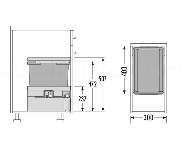 Technische Zeichnung eines Abfallsystems für 300 Millimeter breite Unterschränke mit Maßangaben in Millimeter.
