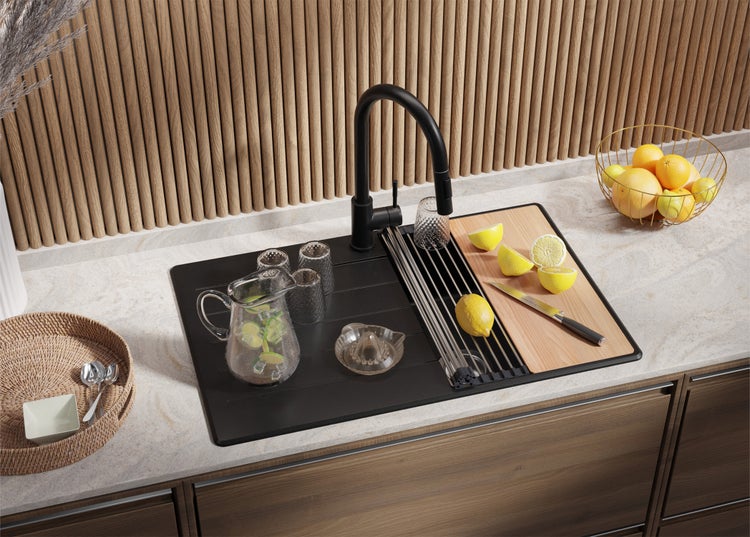 PRIMAGRAN Granitspüle Schwarz 78x50cm, Spülbecken 1 Becken + Küchenarmatur 40x20cm + Ablauf-Set + Schneidebrett, Küchenspüle ab 45er Unterschrank - Kopenhagen