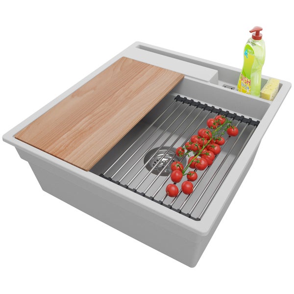 PRIMAGRAN Spülbecken Grau 48x53cm, Granitspüle 1 Becken + Ablauf-Set + Küchenzubehörset, Küchenspüle ab 50er Unterschrank - Oslo Pocket