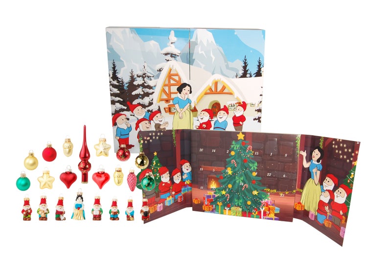 Mini Märchen Adventskalender, 8 Figuren (Schneewittchen + 7 Zwerge), 1 Spitze, 7 Unikugeln, 8 Formen, 3cm, 24 Stck., Weihnachtsbaumkugeln, Christbaumschmuck, Weihnachtsbaumanhänger