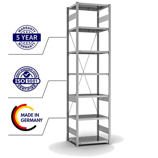PROREGAL Fachbodenregal Stecksystem T-Profil Light-Duty Grundregal HxBxT 300 x 75 x 50 cm 7 Ebenen Fachlast 140 kg Einseitig Nutzbar Verzinkt
