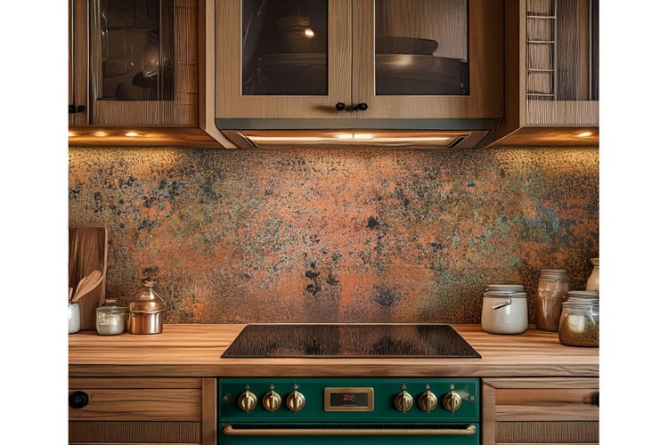 Küchenszene mit Spüle, Herd, Armaturen und Küchenutensilien vor einer gemusterten Rückwand