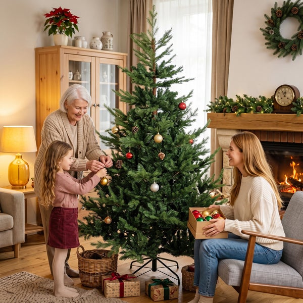 Eine Frau, ein Kind und eine junge Frau schmücken gemeinsam einen Weihnachtsbaum in einem gemütlich eingerichteten Wohnzimmer mit Kamin.