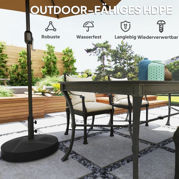 Gartenszene mit Esstisch, Stühlen und Sonnenschirm mit Merkmalen für den Außenbereich wie Robustheit, Wasserdichtigkeit, Langlebigkeit und Wiederverwertbarkeit.