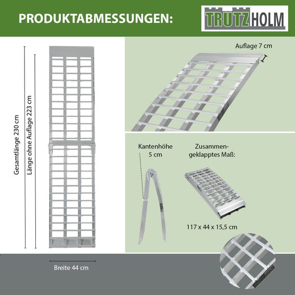 TRUTZHOLM 2 x Auffahrrampen 230 cm 1360 kg Traglast Alu klappbar grau Riffelstab Rampe Verladerampen