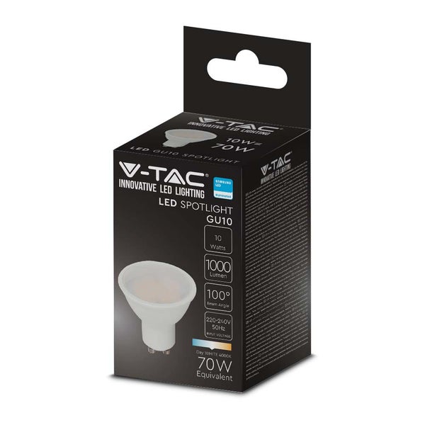 V-TAC LED-Strahler GU10, 10 Watt entspricht 70 Watt, 1000 Lumen, Tageslichtweiß 4000 Kelvin, Abstrahlwinkel 100 Grad, Produktverpackung.