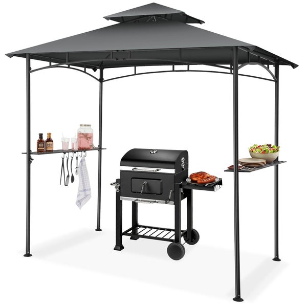 Anthrazitfarbener Grillpavillon mit belüftetem Doppeldach, stabilen Seitenablagen und Haken für Grillbesteck über einem fahrbaren Holzkohlegrill.