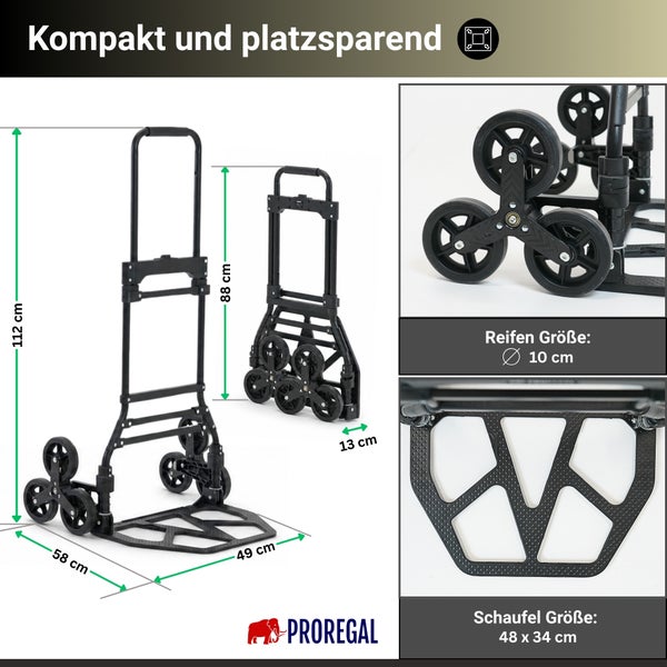 Klappbare Treppensteiger-Sackkarre von ProRegal, Maße 112 mal 58 mal 49 Zentimeter, Packmaß 88 mal 13 Zentimeter, Räder 10 Zentimeter Durchmesser.