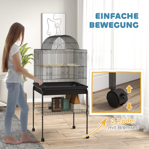 PawHut Vogelkäfig Wellensittichkäfig mit Tablett, Ablagefläche, Futternapf, Papagei Käfig mit Rollen für Wellensittich, Kanarien, Nymphensittich, Stahl 63 x 53 x 144 cm Schwarz