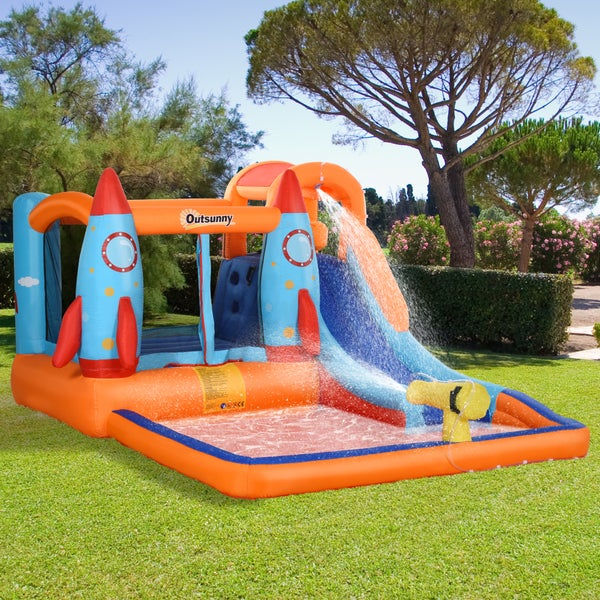 Outsunny Aufblasbare Hüpfburg mit Rutsche für 4 Kinder Burg Springburg mit Gebläse Spielburg Spielhaus für 3-8 Jahre Raketenmuster Oxford-, Polyester-Gewebe Mehrfarbig 350 x 250 x 185 cm