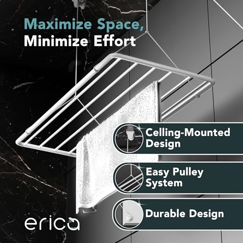 Erica Eric Wäscheständer Decke 100x50cm, Hängender Wäschetrockner mit 8 Metern Trocknungsoberfläche, Vertikal Zusammenklappbar 2.5 Meter, Metall mit PVC-freier Kunststoffbeschichtung, Weiß