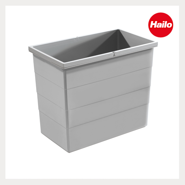 Grauer rechteckiger Inneneimer aus Kunststoff für Abfallsammler von Hailo mit integriertem Tragegriff. Hailo Logo.