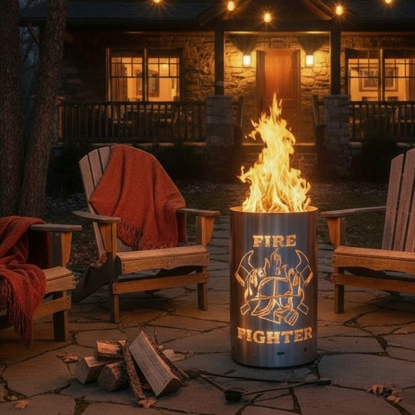 Feuerstelle mit Feuerwehrmann-Motiv, umgeben von Holzstühlen und Brennholz auf einer Terrasse.