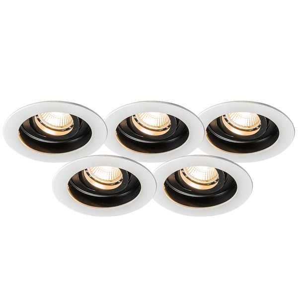 Set aus fünf runden LED-Einbaustrahlern, schwenkbar, weiß mit schwarzem Innenring.