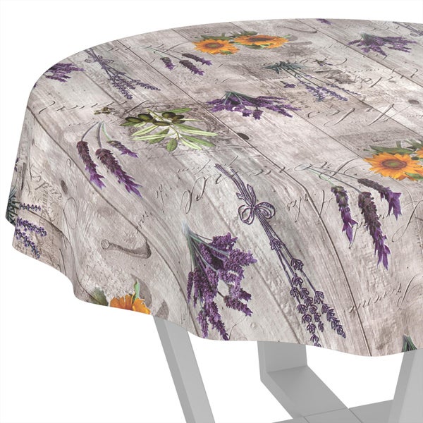Runde Tischdecke mit Holzplanken-Optik, Lavendel-, Sonnenblumen- und Olivenmotiven sowie dekorativen Schriftzügen.