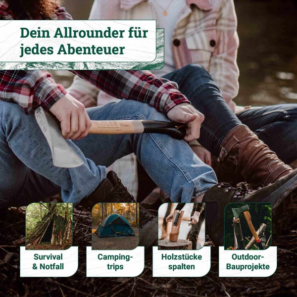 Person hält eine Adler Axt im Freien, mit Symbolbildern für Survival, Camping, Holzspalten und Outdoor-Projekte.
