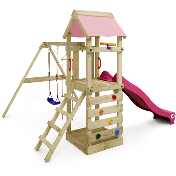 WICKEY Spielturm Klettergerüst FreeFlyer mit Schaukel und Rutsche, Kletterturm mit Sandkasten, Leiter und Spiel-Zubehör – pastellpink