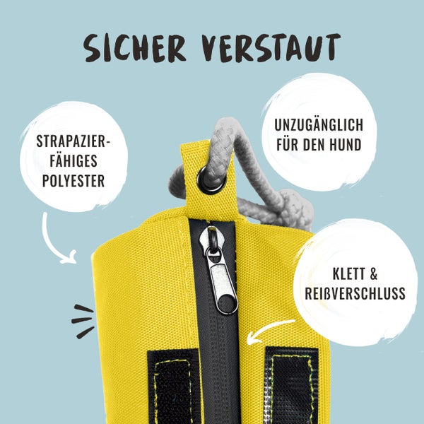 Detailansicht einer gelben Aufbewahrungstasche mit Reißverschluss und Klettverschluss aus strapazierfähigem Polyester