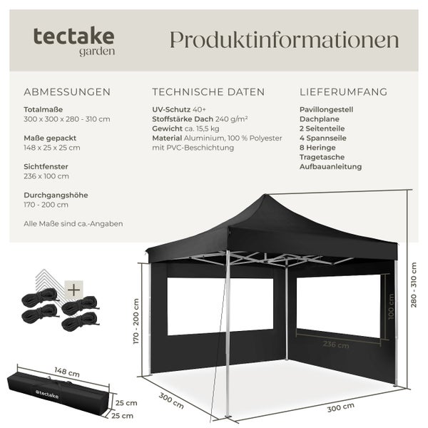 Pavillon tectake Olivia inklusive Spannseilen, Heringen und Tragetasche 3 x 3 m, mit Aluminiumgestell schwarz