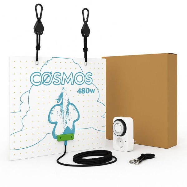 Cosmos 480W LED Grow Panel Set mit Seilaufhängungen, analoger Zeitschaltuhr, Stromkabel und Versandkarton.