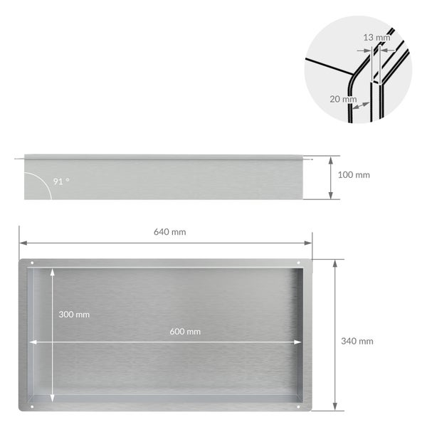 LuxeBath Wandnische aus Edelstahl, 60x30x10 cm, Silber, Duschnische, Randlos, Einbauregal, Flexibler Einbau, Befliesbare Nische für Badutensilien, Duschablage, Einzelregal, Lagerung für Badezimmer