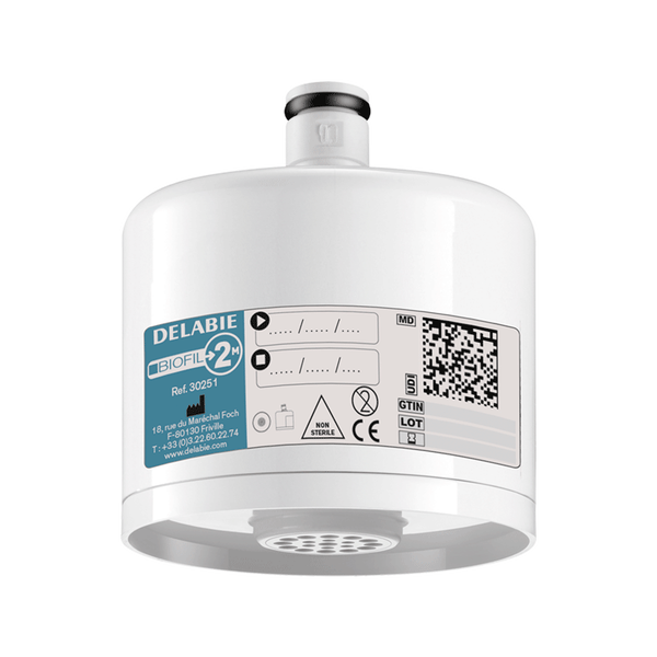 Delabie Biofil 2-Monats-Wasserfilter für Armaturen, weißer Kunststoff mit Etikett und CE-Kennzeichnung.
