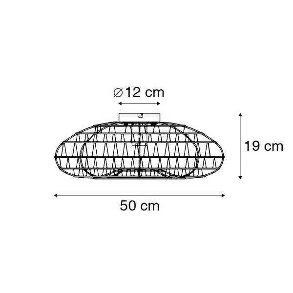 Maßzeichnung einer Deckenleuchte mit den Maßen: 50 Zentimeter Breite, 19 Zentimeter Höhe und 12 Zentimeter Baldachindurchmesser.