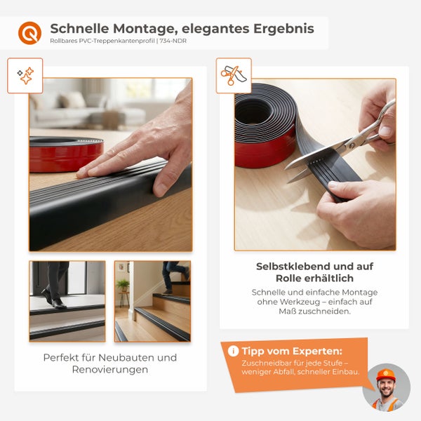 Rollbares PVC Treppenkantenprofil zur einfachen Montage und Renovierung von Treppenstufen.