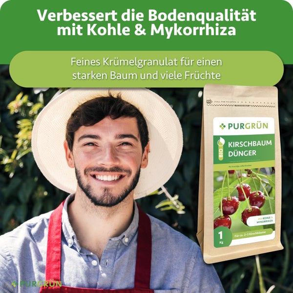 Ein glücklicher Gärtner mit Hut und Purgrün Kirschbaum Dünger Packung mit Kohle und Mykorrhiza.