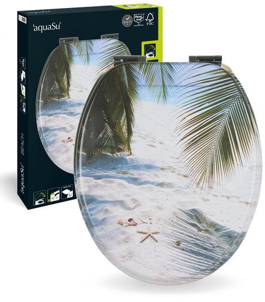 aquaSu® WC-Sitz mit Absenkautomatik, Maritim Dekor Beach, Toilettensitz mit Holz-Kern & Fast-Fix Schnellbefestigung, Standard O-Form universal, Metallscharniere, Toilettendeckel maritim, 401135