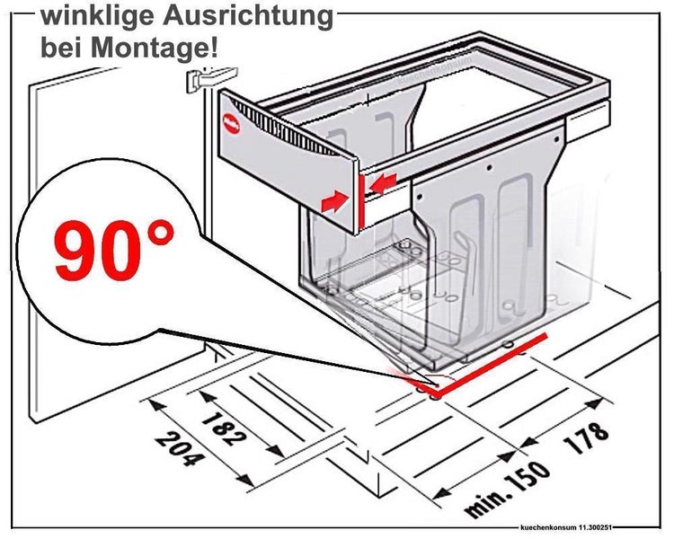 Technische Zeichnung zur Montage eines Einbaumülleimers mit Maßen und Hinweis auf eine winkelige Ausrichtung von 90 Grad.