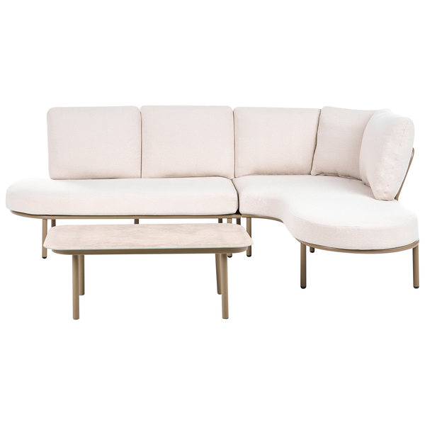 Modernes Garten-Lounge-Set bestehend aus einem Ecksofa mit hellen Polstern und einem Couchtisch mit Metallgestell.