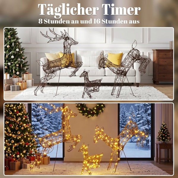Set aus drei leuchtenden Weihnachtsrentieren als Drahtfiguren mit Timer Funktion für acht Stunden Betrieb und sechzehn Stunden Pause.