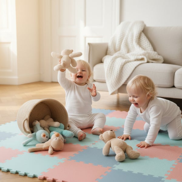 Zwei Kleinkinder spielen auf einer Puzzlematte aus Schaumstoff im Wohnzimmer mit Kuscheltieren und einem Aufbewahrungskorb.