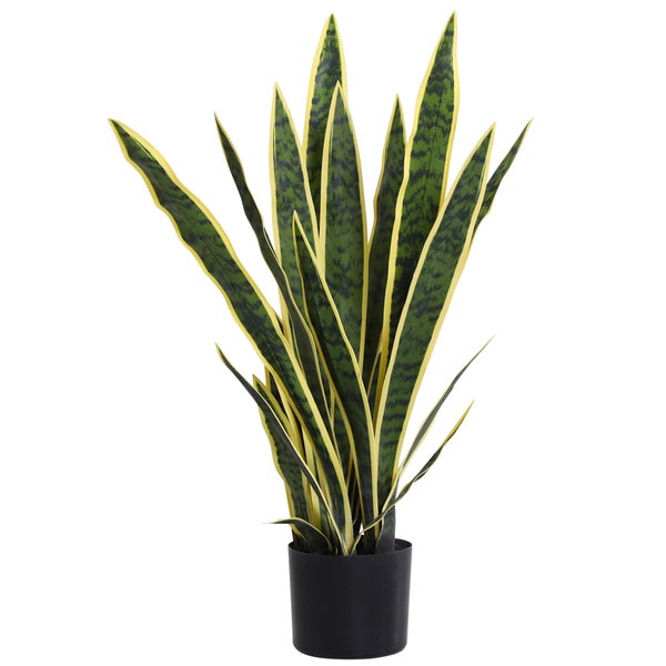 Künstlicher Bogenhanf Sansevieria in schwarzem Kunststofftopf, aufrechte Blätter mit gelbem Rand.
