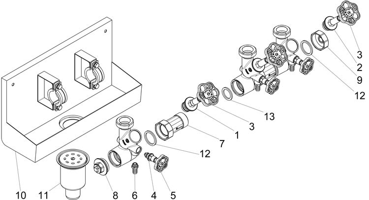 Technische Explosionszeichnung eines Wasserverteilers mit nummerierten Einzelteilen wie Ventilen, Dichtungen und Wandhalterung.
