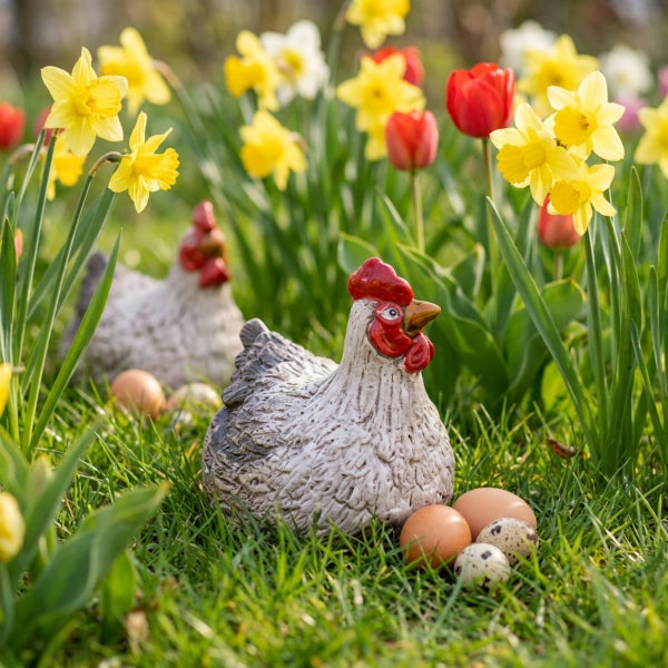 Zwei dekorative Hühnerfiguren aus Keramik platziert in einem Garten zwischen Frühlingsblumen und echten Eiern als Osterdekoration.
