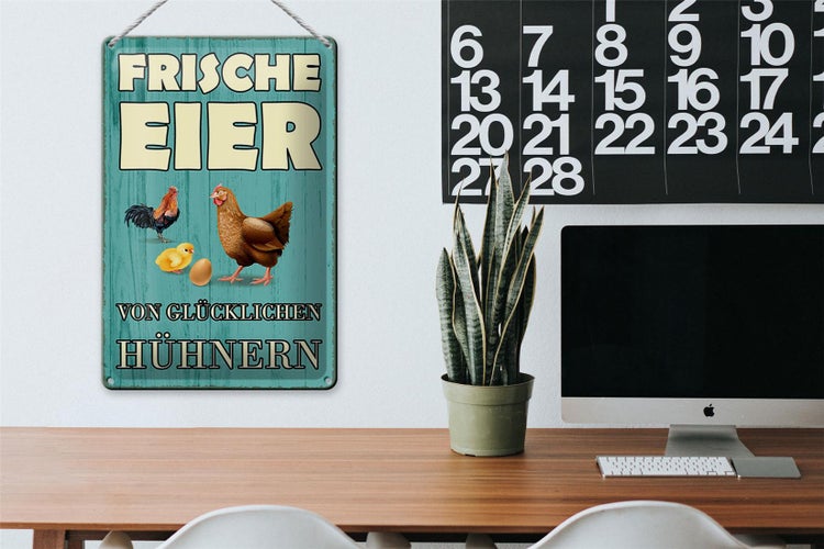 Blechschild Spruch 20x30cm frische Eier glückliche Hühner