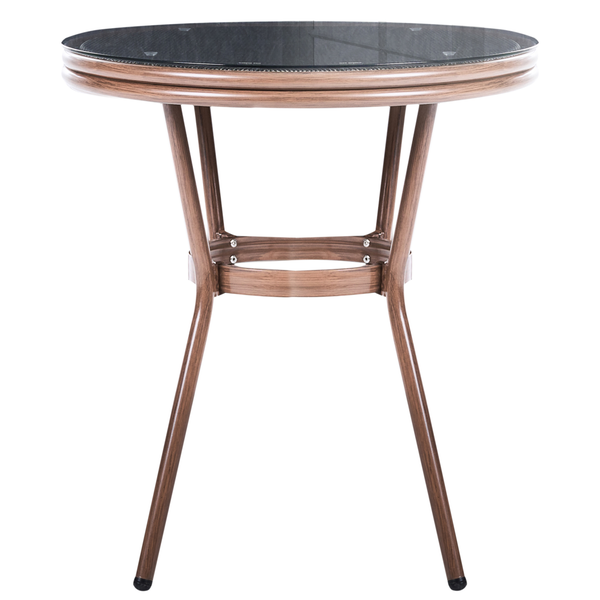 Runder Bistrotisch mit dunkler Glasplatte und Gestell in Holzoptik.