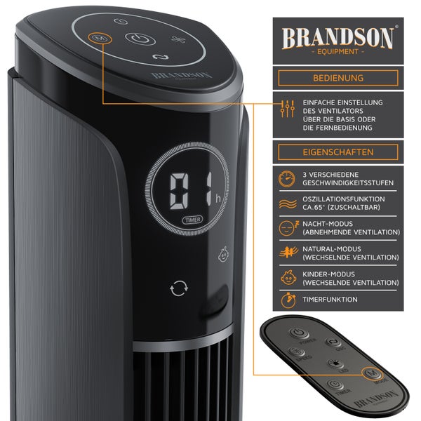 Brandson Turmventilator, Ventilator 108 cm, 10° neigbar, Standventilator mit Fernbedienung, 65° Oszillation, 3 Leistungsstufen, 4 Lüftungs-Modi, GS